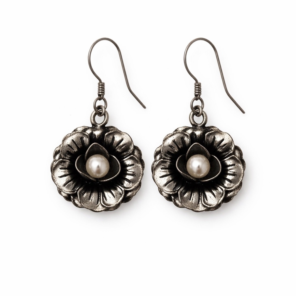 Vintage Floral Dangle‎ Earrings Silver Black Pearl Fishhook